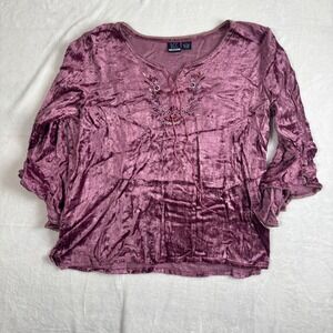 DCC Missy Purple Embroidered Floral Tie Front Velvet Boho Blouse Top Women's L